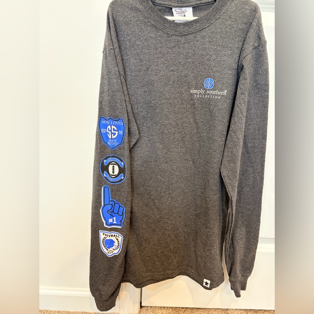 Simply Southern Men's Long Sleeve Shirt - Charcoal with Blue Sleeve Patches